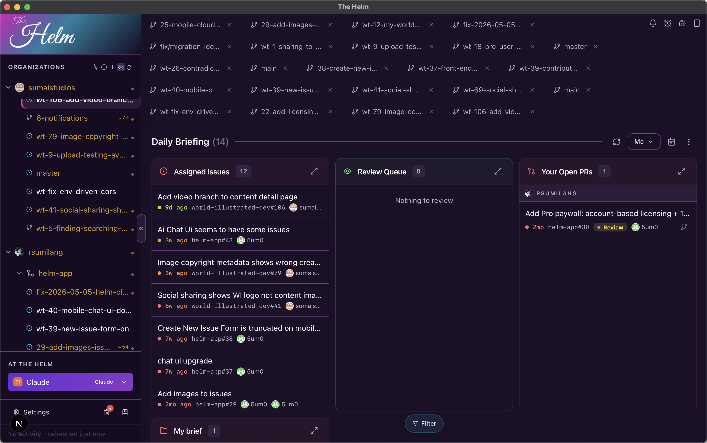 The Helm desktop app — Daily Briefing with assigned issues, review queue, and your open PRs across GitHub accounts