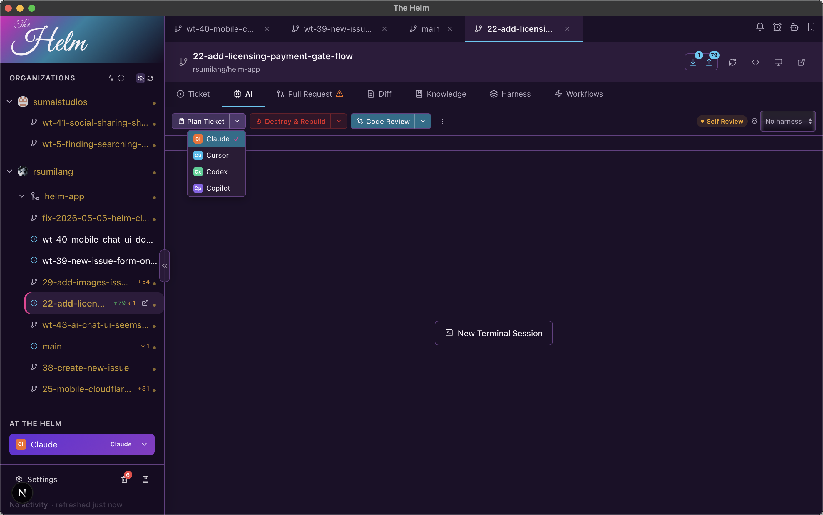 The Helm desktop app — AI tab with Claude, Cursor, Codex, and Copilot agent options for a feature branch